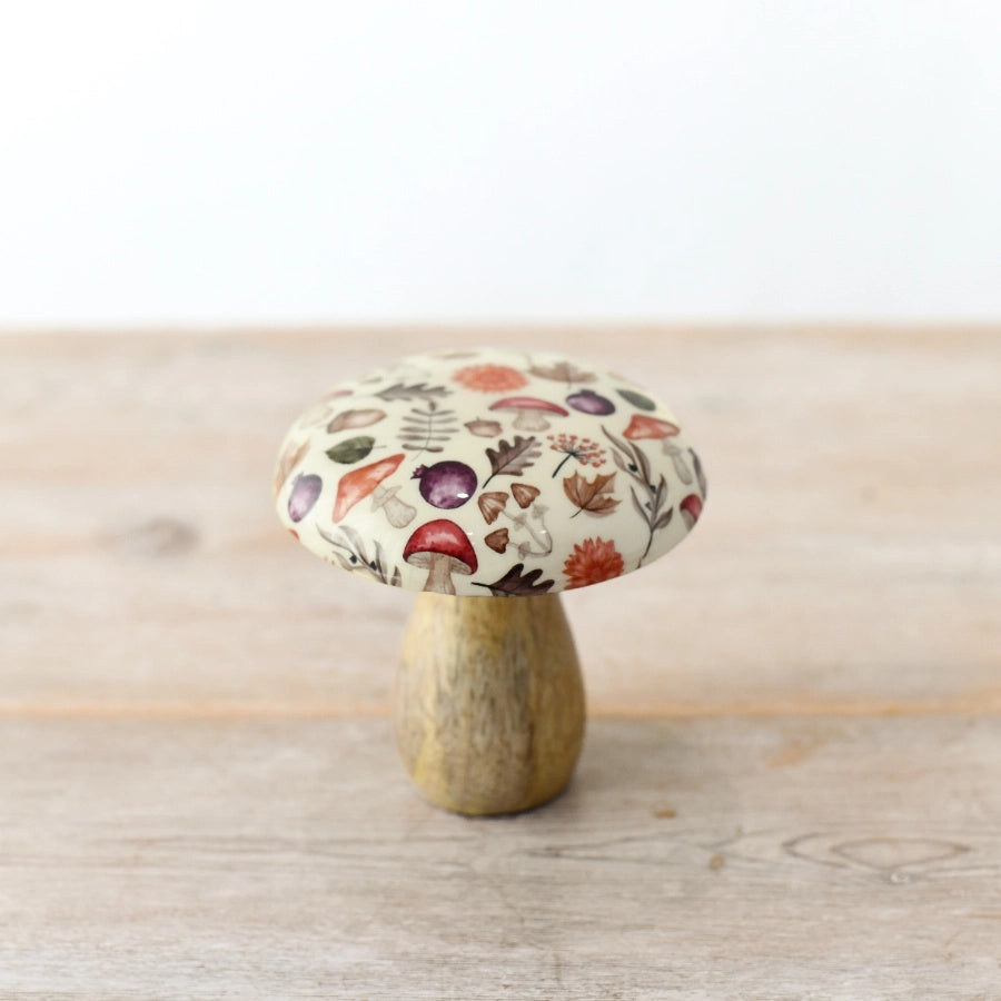 10cm Seasonal decorative mango wood mushroom with a patterned enamel inlay cap on a mango wood | Mellowdays Furniture