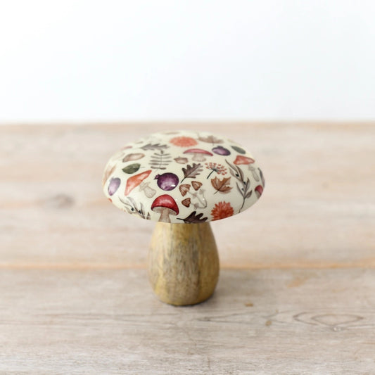 10cm Seasonal decorative mango wood mushroom with a patterned enamel inlay cap on a mango wood | Mellowdays Furniture