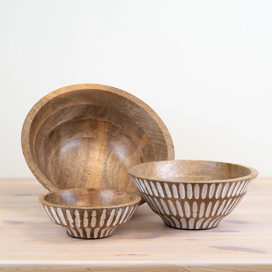Collection image of mango wood serving bowls with white wash patterns | Mellowdays Furniture