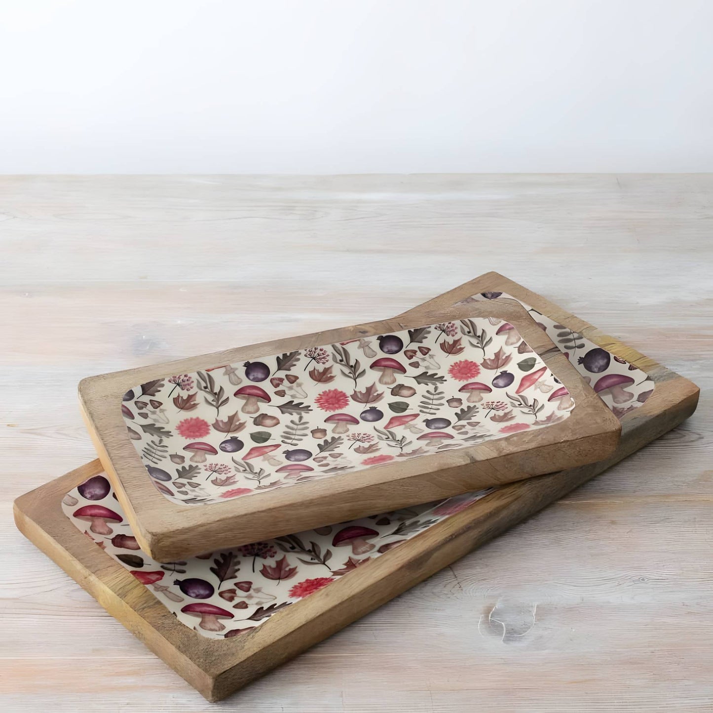 30cm and 40cm Autumn Print mango wood serving trays with floral and mushroom pattern enamel inlay | Mellowdays Furniture