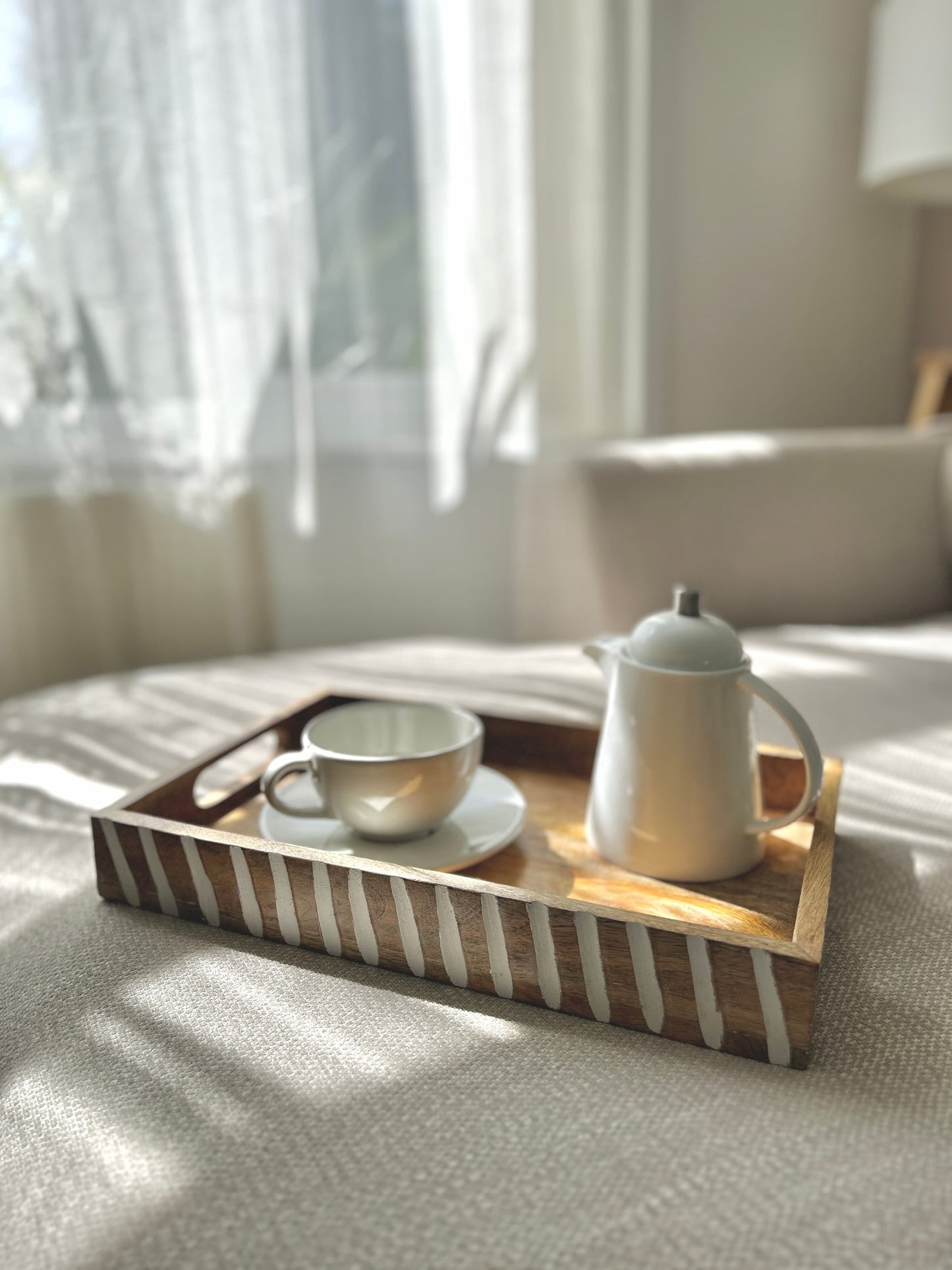 38cm large mango wood serving tray with white wash patterns serving tea | Mellowdays Furniture
