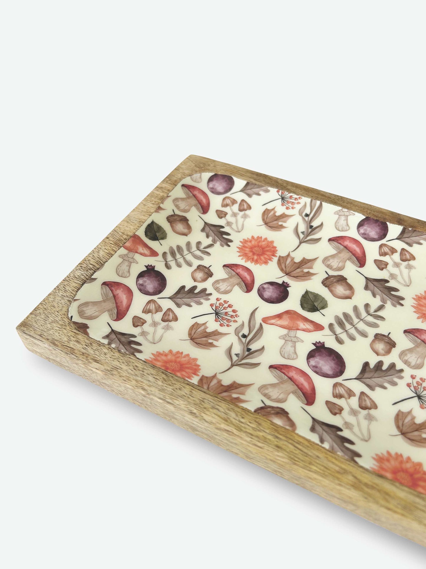 Autumn Print mango wood serving trays with floral and mushroom pattern enamel inlay | Mellowdays Furniture