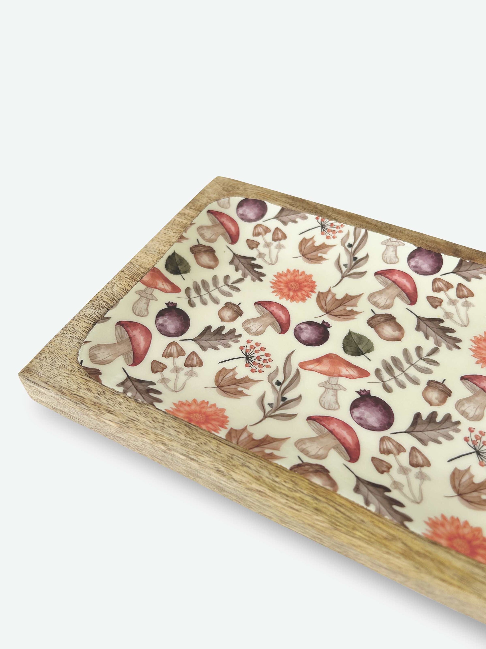 Autumn Print mango wood serving trays with floral and mushroom pattern enamel inlay | Mellowdays Furniture