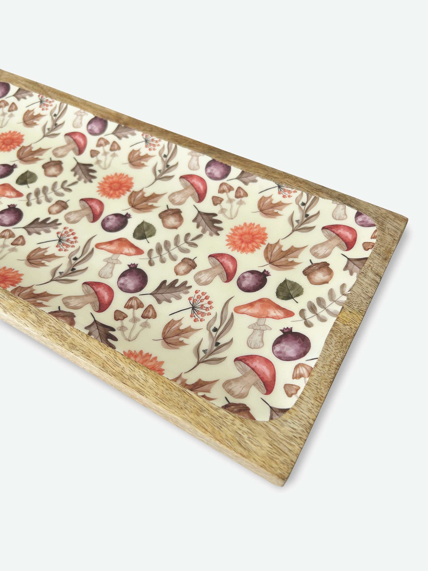 Autumn Print mango wood serving trays with floral and mushroom pattern enamel inlay | Mellowdays Furniture