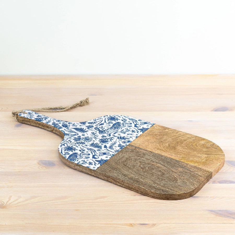50cm mango wood serving board with blue hare and flora print enamel inlay | Mellowdays Furniture