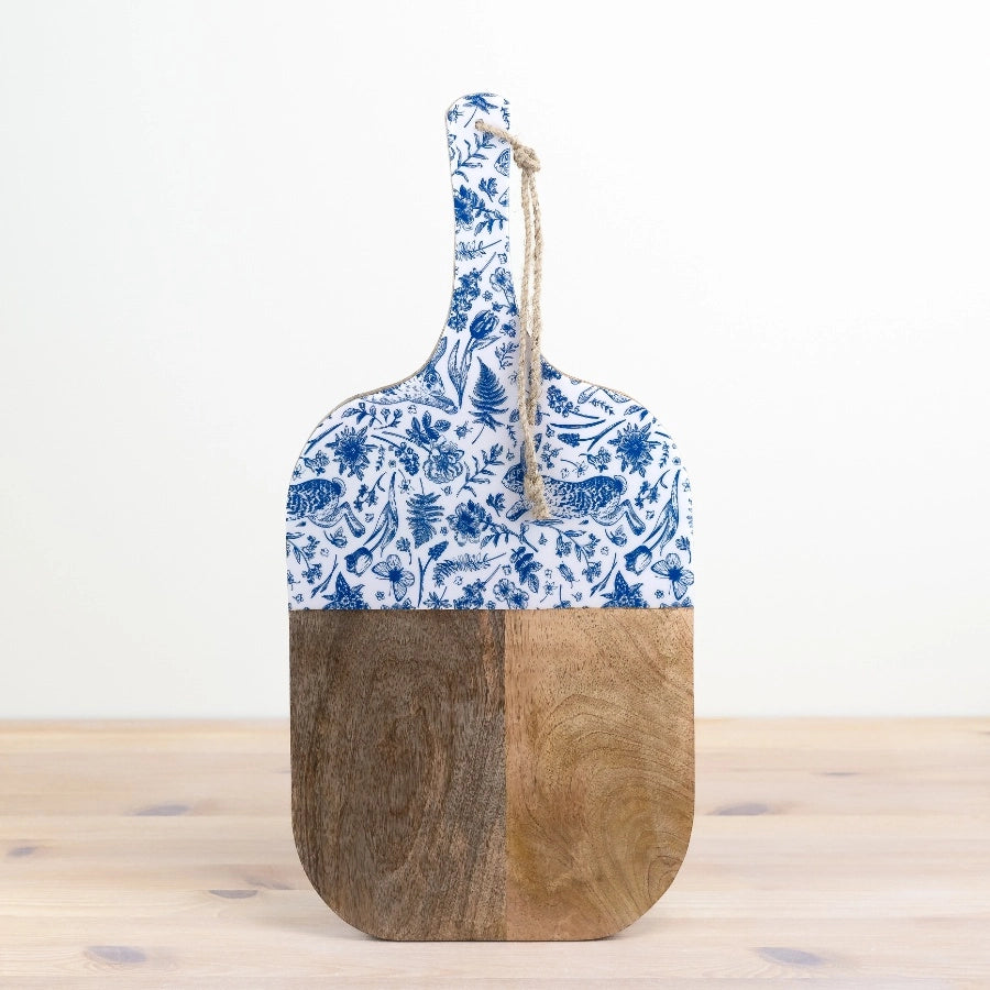 50cm mango wood serving board with blue hare and flora print enamel inlay | Mellowdays Furniture