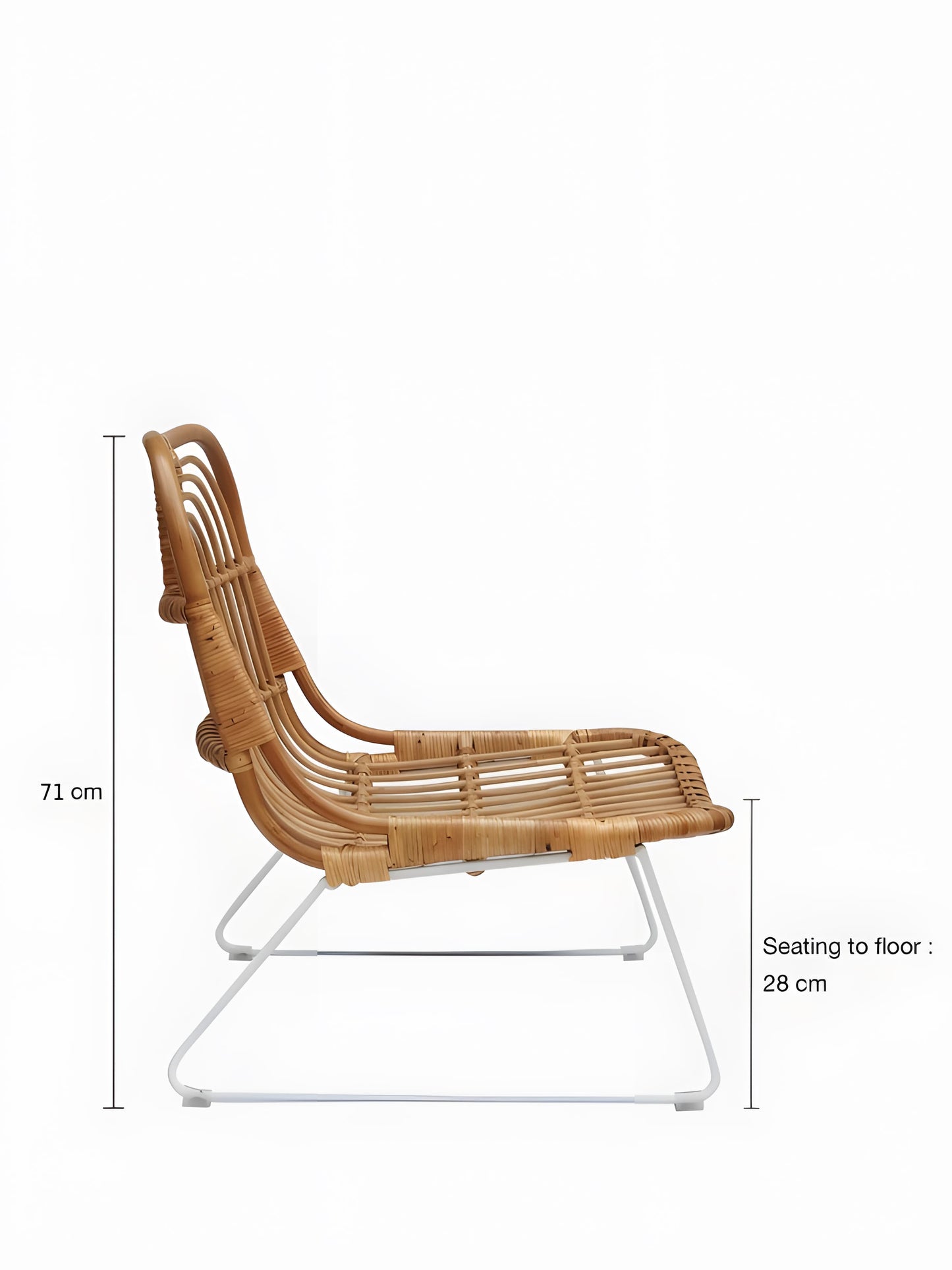 Side view of Aimar Rattan Lounge Chair with white metal legs with measurements