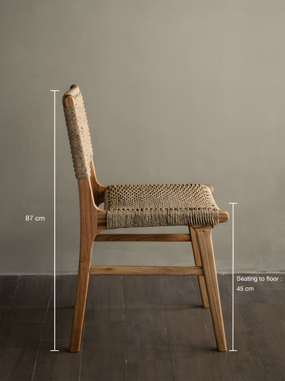Asturia Mindi Wood & Rattan Weaved Back & Seat Dining Chair side view with measurement by Mellowdays Furniture