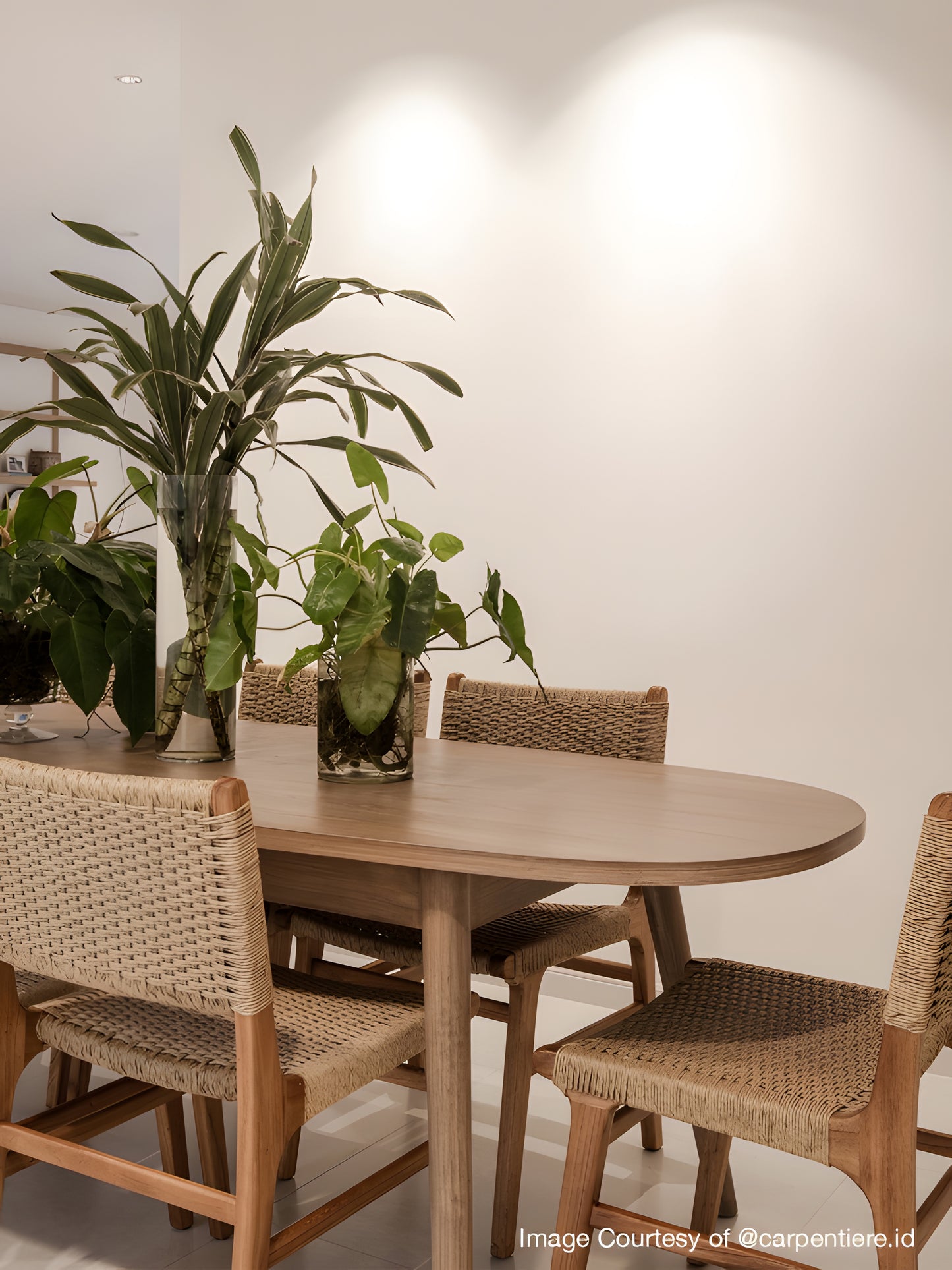 4 Asturia Mindi Wood & Rattan Weaved Back & Seat Dining Chairs in dining room setting by Mellowdays Furniture