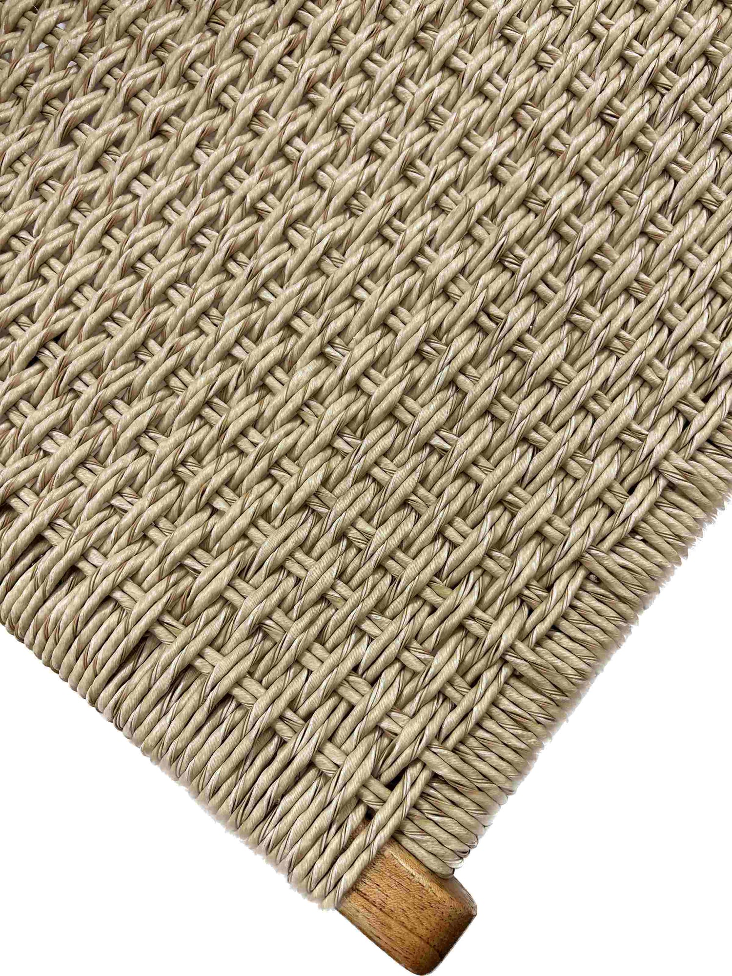 Close-up of synthetic water hyacinth woven seat on Asturia woven wooden dining chair in natural peanut mindi wood | Mellowdays Furniture