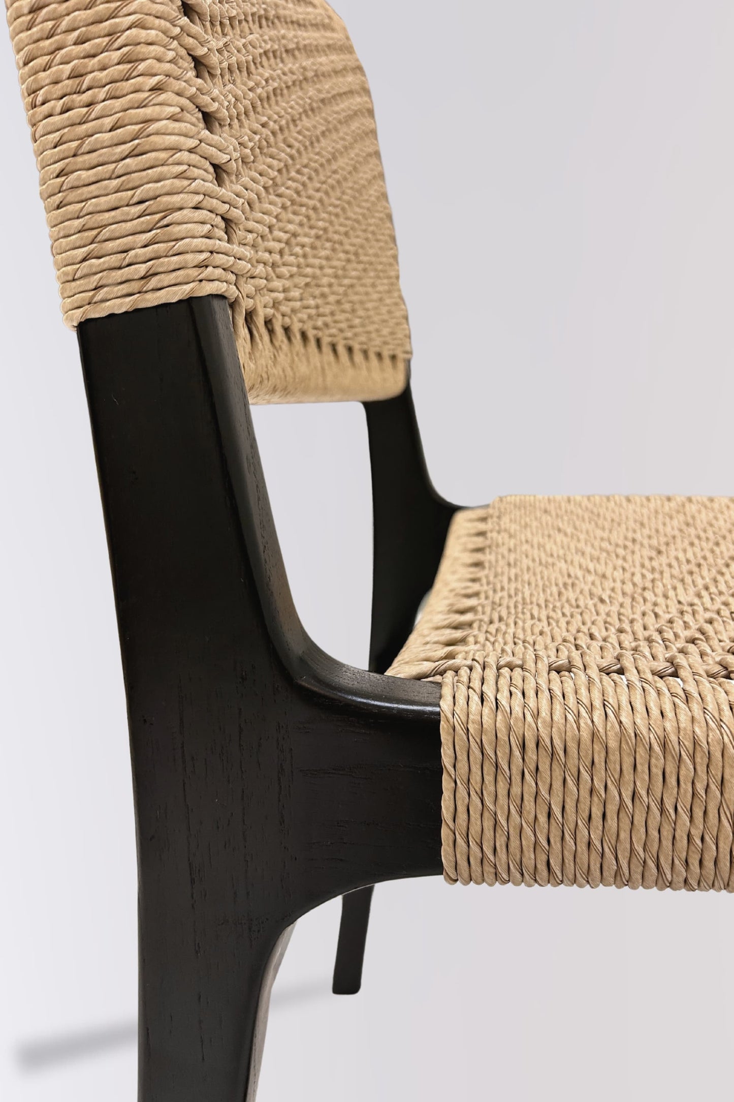 Textured weave of Asturia woven wooden dining chair seat and smooth mindi wood frame | Mellowdays Furniture