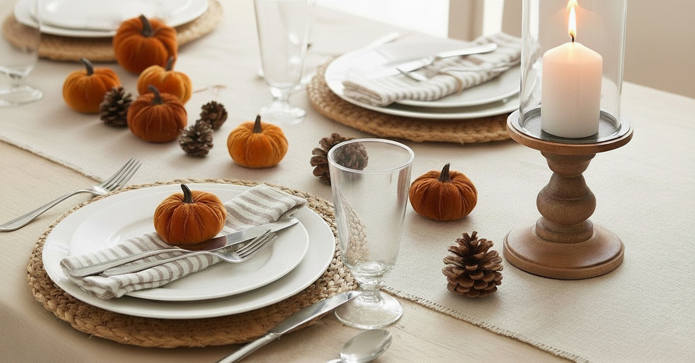 Autumn tablescapes with velvet pumpkins and pine cones ornaments and hurricane pillar candle holder with glass cover | Mellowdays Furniture