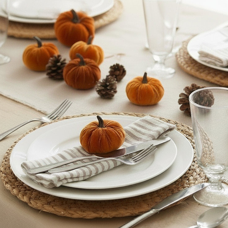 Autumn tablescapes with velvet pumpkins and pine cones ornaments | Mellowdays Furniture