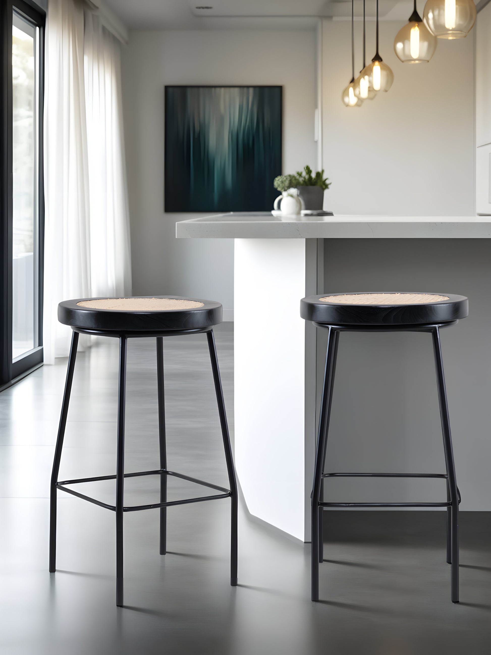 Bakanda set of 2 black colour teakwood and rattan 65cm counter stools in kitchen counter by Mellowdays Furniture