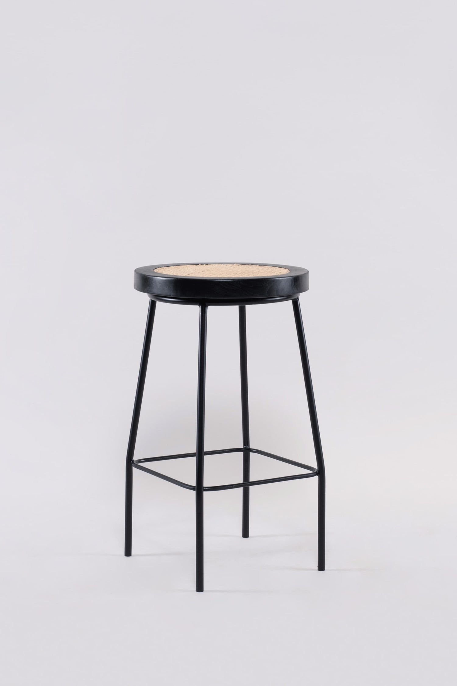 Bakanda set of 2 black colour teakwood and rattan 65cm counter stools front view by Mellowdays Furniture
