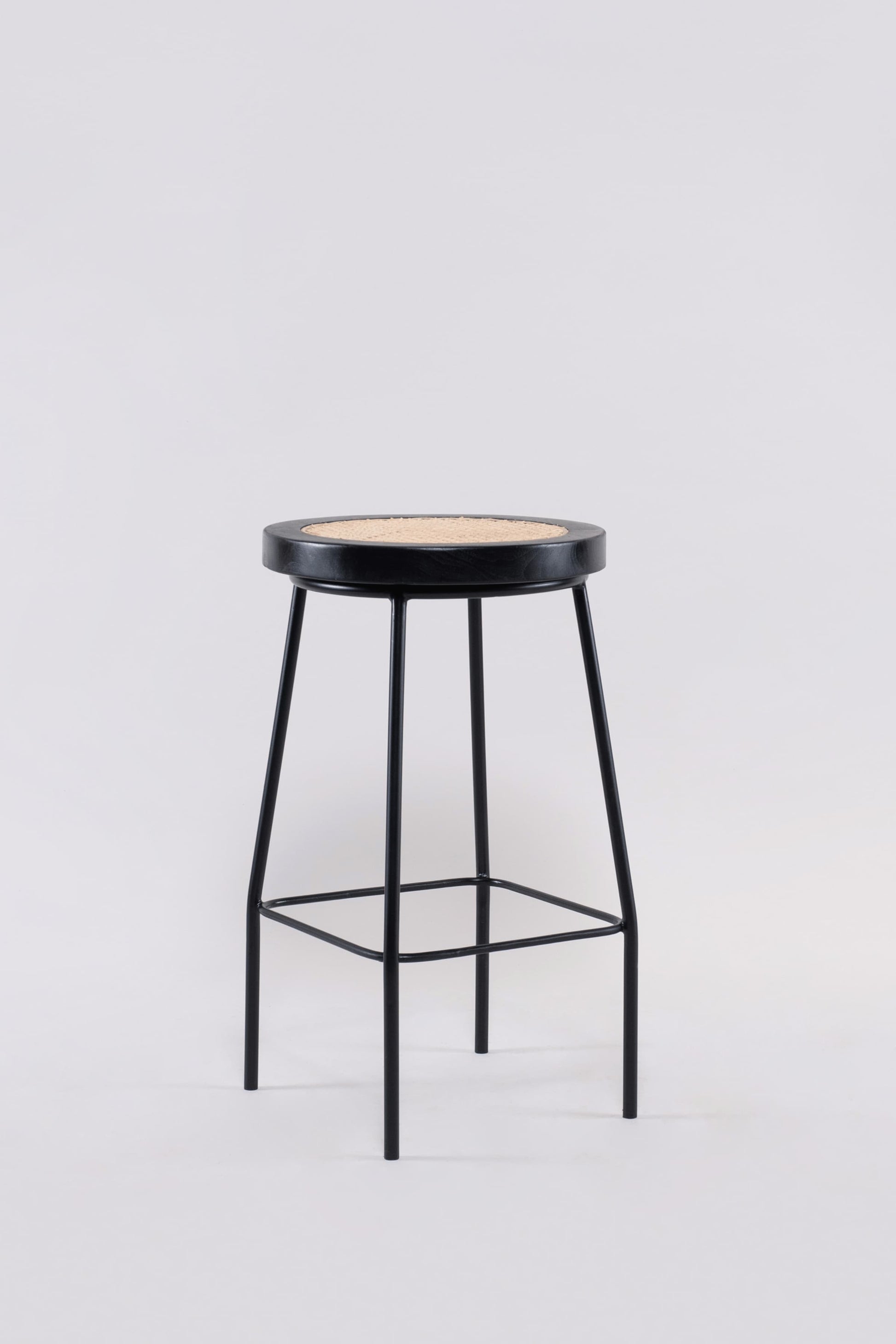Bakanda set of 2 black colour teakwood and rattan 65cm counter stools front view by Mellowdays Furniture