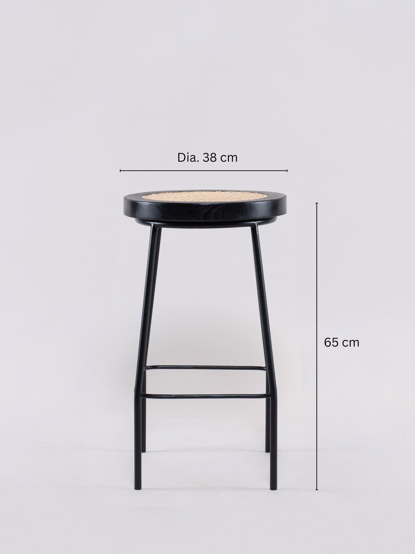 Bakanda set of 2 natural colour teakwood and rattan 65cm counter stools side view with measurements by Mellowdays Furniture