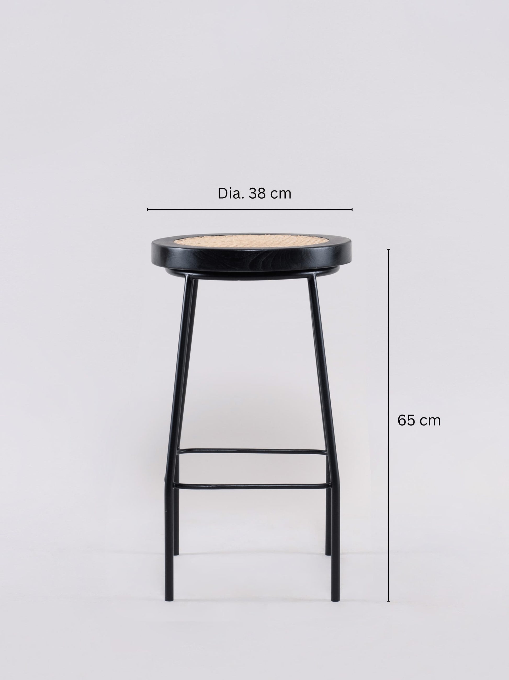 Bakanda set of 2 natural colour teakwood and rattan 65cm counter stools side view with measurements by Mellowdays Furniture