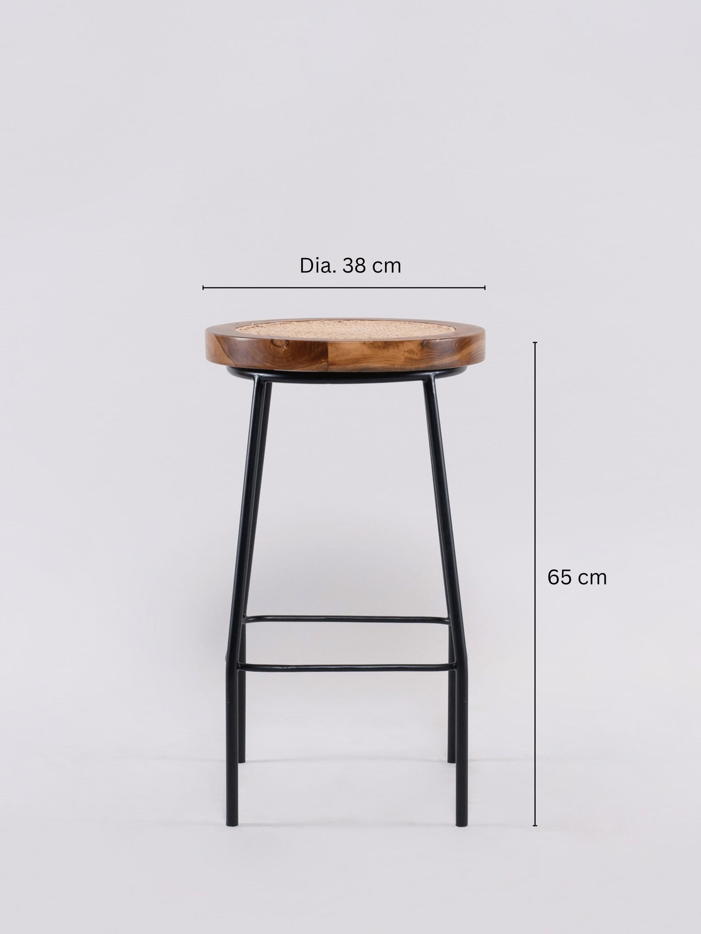 Bakanda set of 2 natural colour teakwood and rattan 65cm counter stools side view with measurements by Mellowdays Furniture