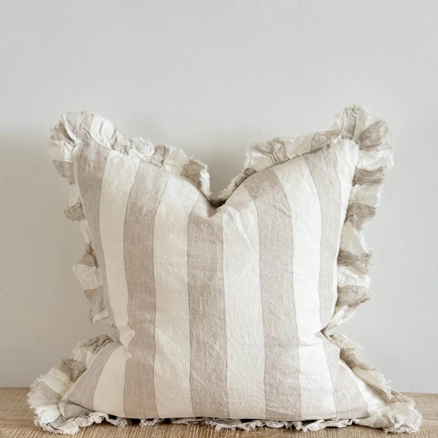 Beige & Cream Wide Stripe Linen Cushion Cover with Ruffled Edge, 45x45cm | Mellowdays Furniture