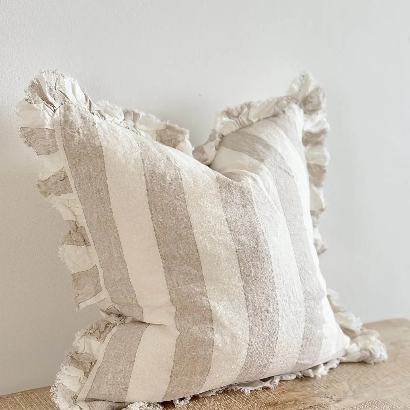 Beige & Cream Wide Stripe Linen Cushion Cover with Ruffled Edge, 45x45cm | Mellowdays Furniture