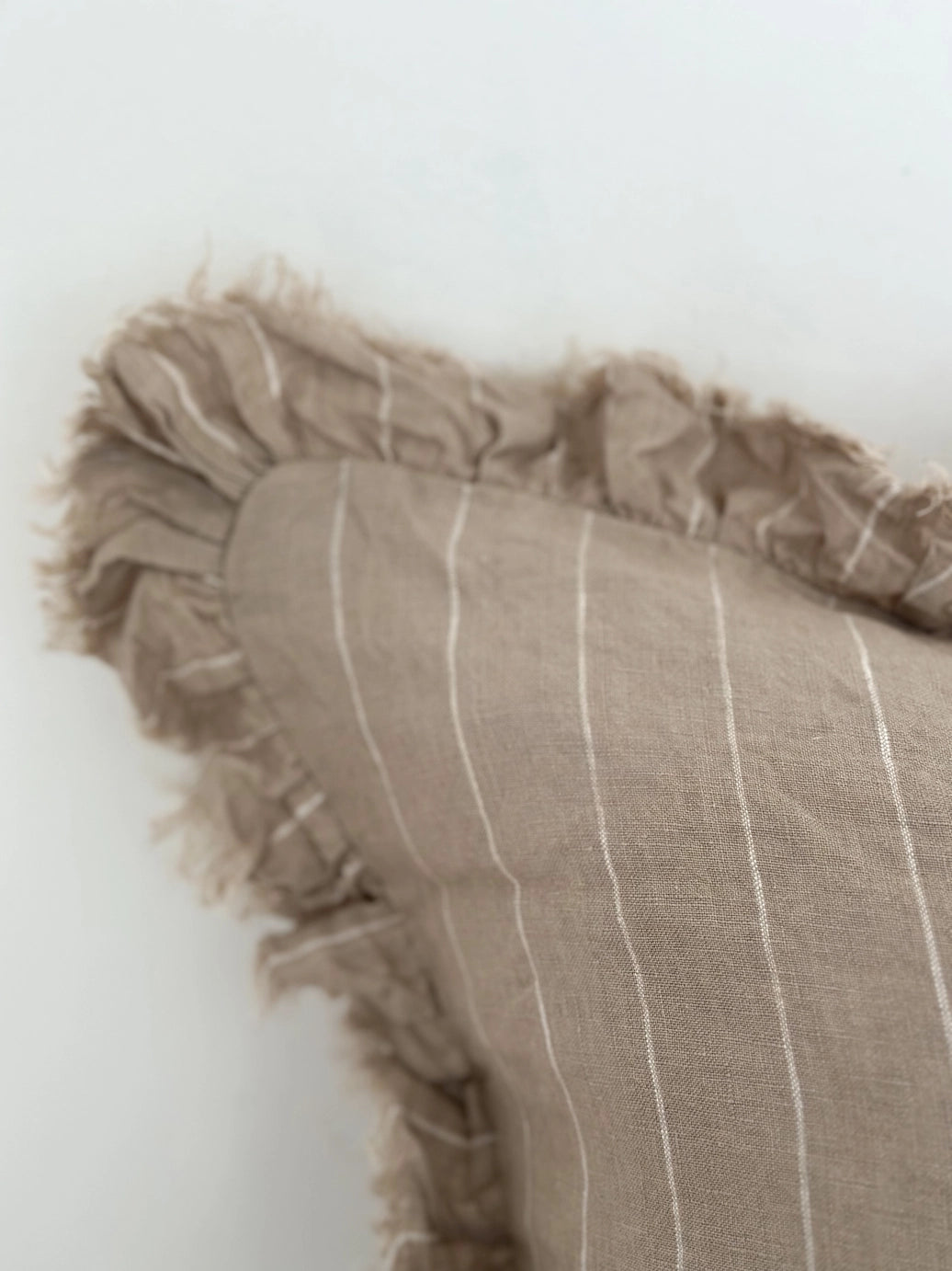 Beige Stripe Linen Cushion Cover with Ruffled Edge 45x45cm | Mellowdays Furniture