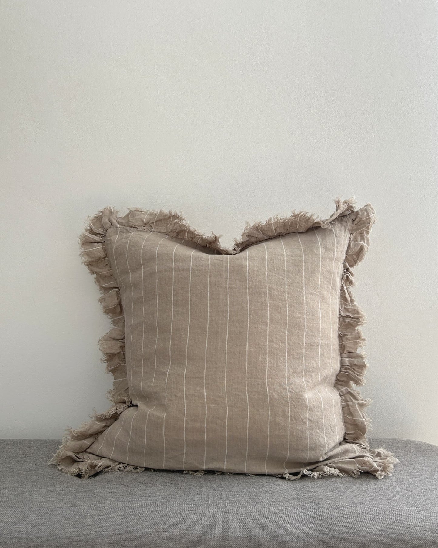 Beige Stripe Linen Cushion Cover with Ruffled Edge 45x45cm front view | Mellowdays Furniture