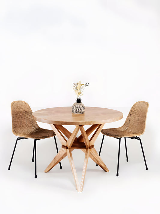 Bilbao Sungkai Wood Round Dining Table Dia 100cm with 2 rattan dining chairs  in dining room setting by Mellowdays Furniture
