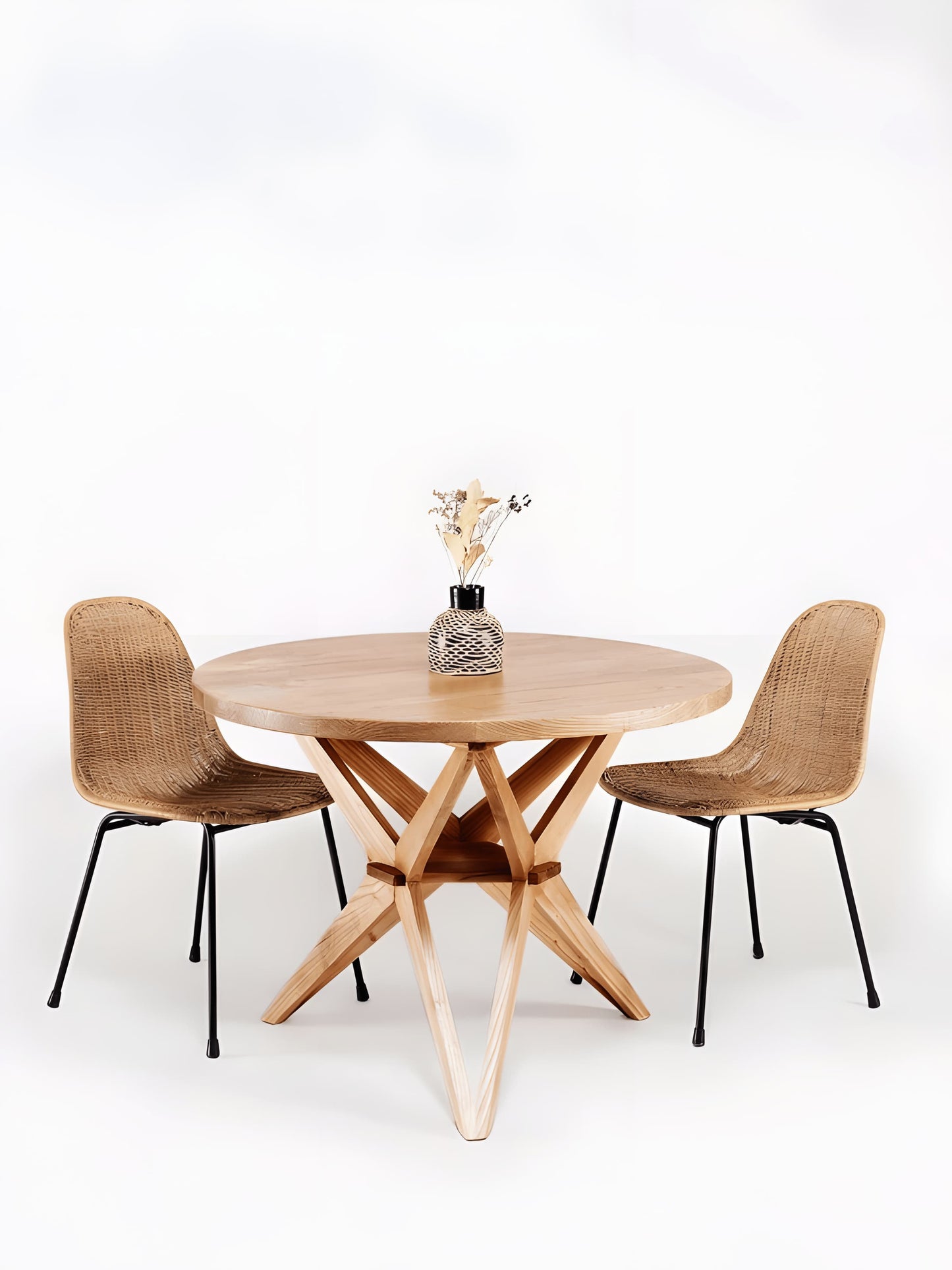 Bilbao Sungkai Wood Round Dining Table Dia 100cm with 2 rattan dining chairs in dining room setting by Mellowdays Furniture