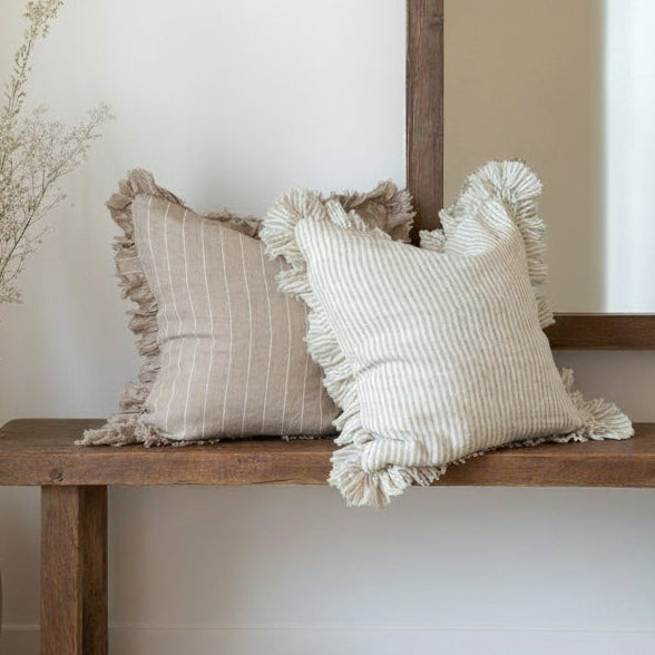 Capri Reclaimed Teakwood Dining Bench in hallway with beige striped cushions by Mellowdays Furniture