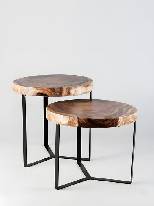 Cartagena Set of Two Suar Wood Top Coffee Tables with black metal legs front view by Mellowdays Furniture