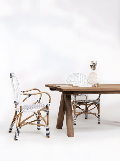 Fontera Reclaimed Teakwood Dining Table with 2 white rattan dining chairs by Mellowdays Furniture