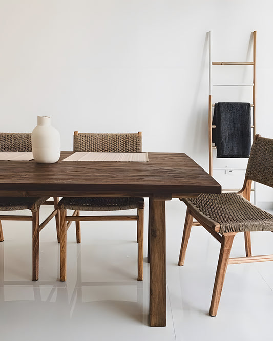 Fontera Reclaimed Teakwood Dining Table and 3 Asturia Mindi Wood & Rattan Back & Weaved Seat Dining Chairs in a dining room setting by Mellowdays Furniture
