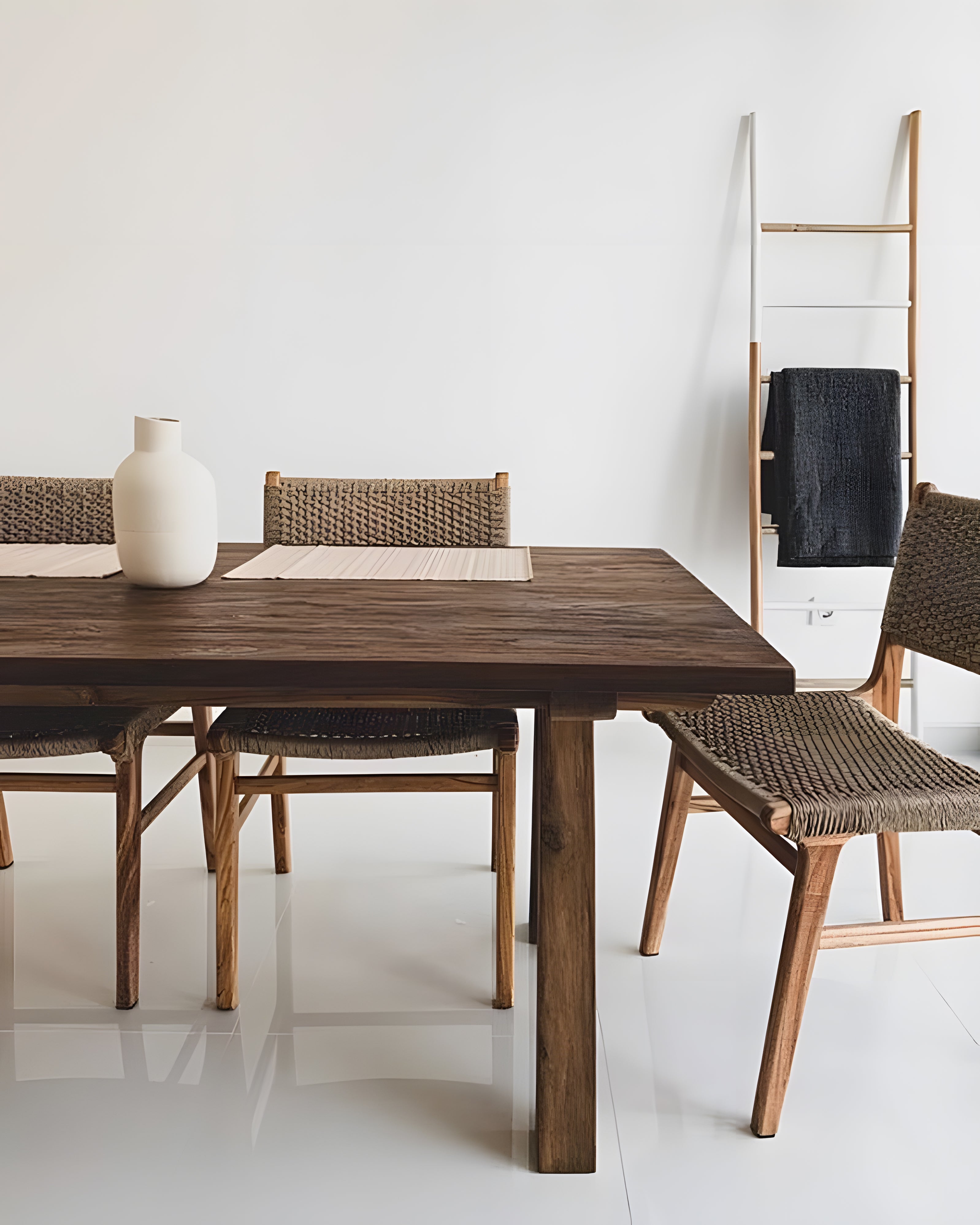 Asturia Mindi Wood & Rattan Weaved Back & Seat Dining Chair and Fontera Reclaimed Teakwood Dining Table in dining room setting by Mellowdays Furniture