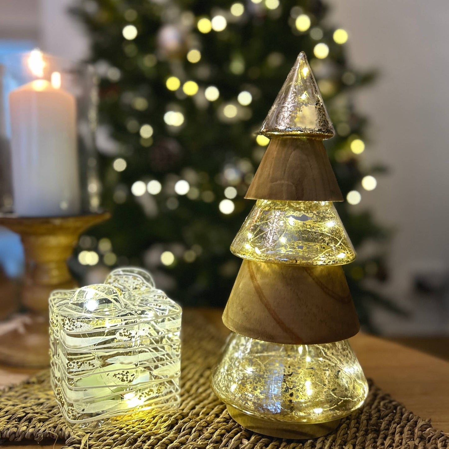 Gold Glass & Wood LED Christmas Tree Ornament and Small Glass LED Light Up Gift Box Ornament | Mellowdays Furniture