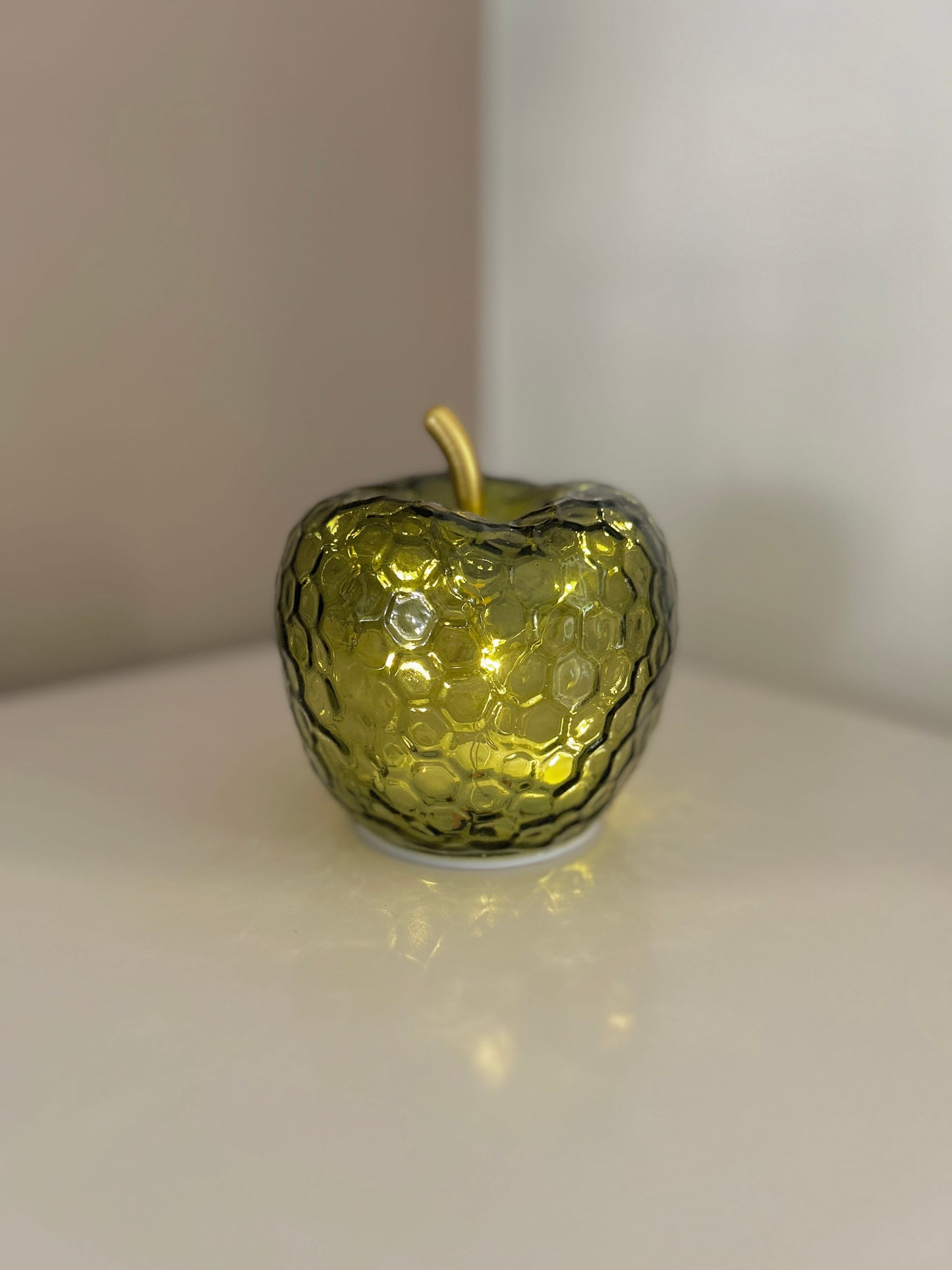 Green Glass Apple ambient LED Lamp with Gold Stem with light on, 11cm | Mellowdays Furniture