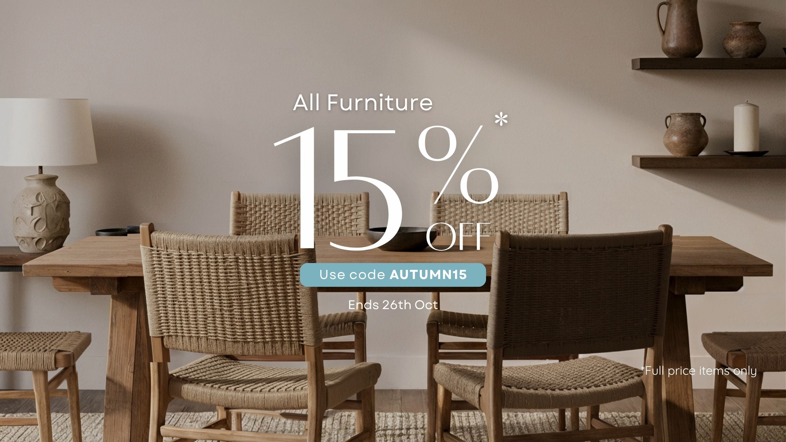 Autumn Sale desktop hero banner - 15% Off All Furniture | Use code AUTUMN15 | Mellowdays Furniture