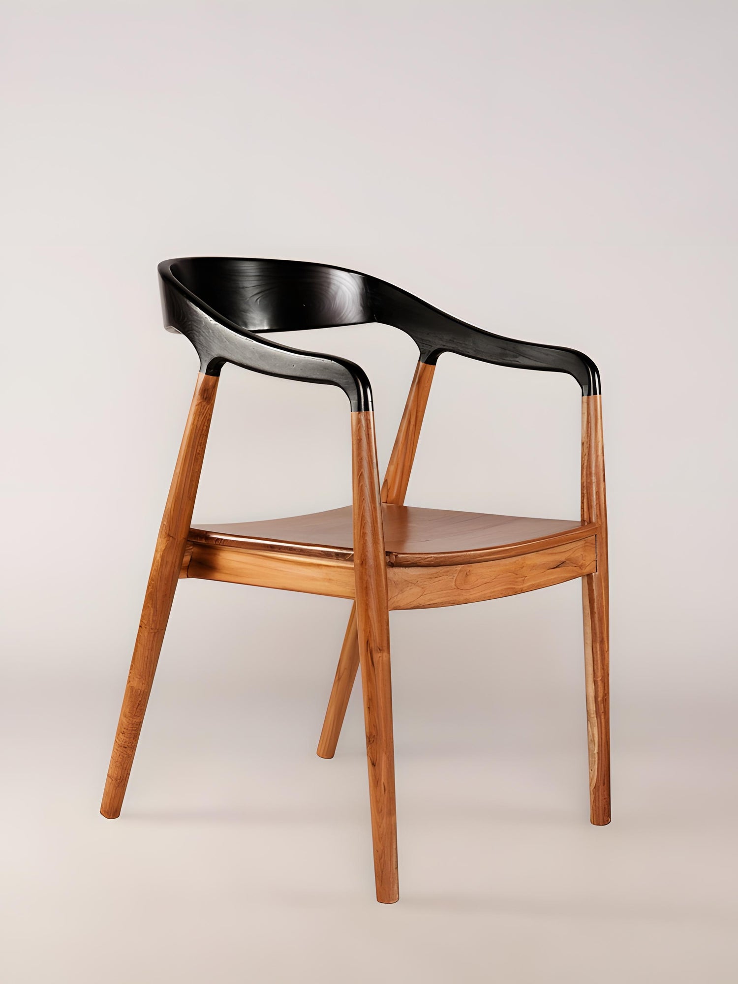 Jacobo teak wood dining chair with curved back and armrests in dark choco finish | Mellowdays Furniture