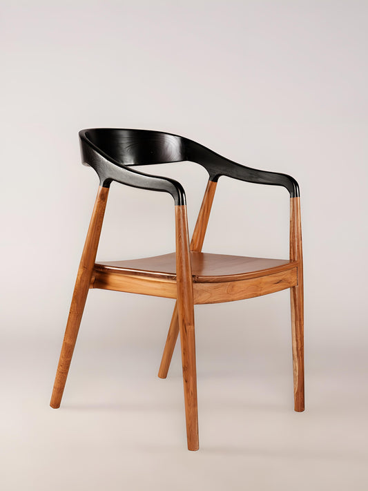 Jacobo teak wood dining chair with curved back and armrests in dark choco finish | Mellowdays Furniture