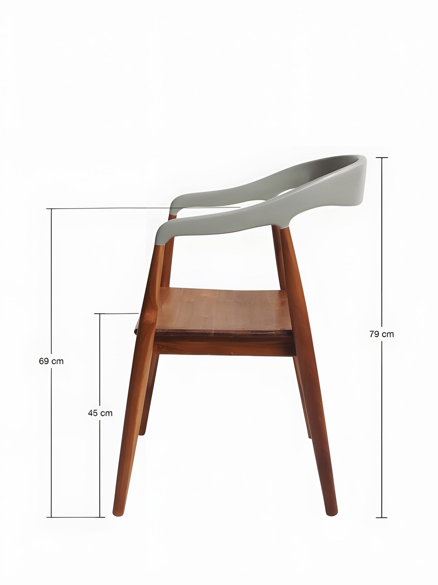 Jacobo Teakwood Curved Back Dining Chair with armrest in natural pewter colour side view with measurement by Mellowdays Furniture