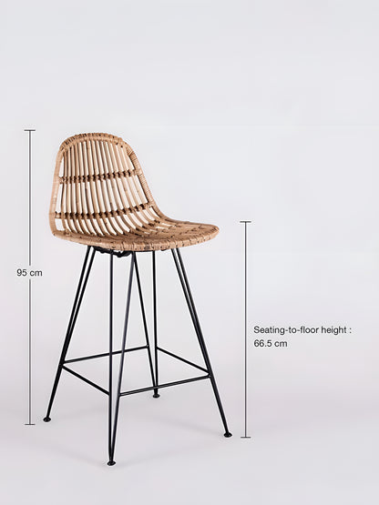 Julio Rattan Kitchen Stool with black metal legs front view with measurement by Mellowdays Furniture
