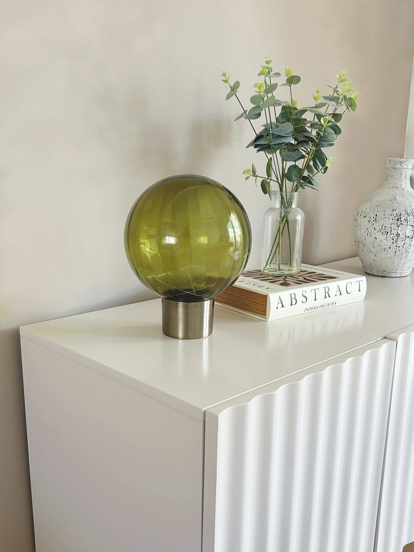 24cm olive green LED Ball table lamp with led light string on a brushed brass metal base | Mellowdays Furniture