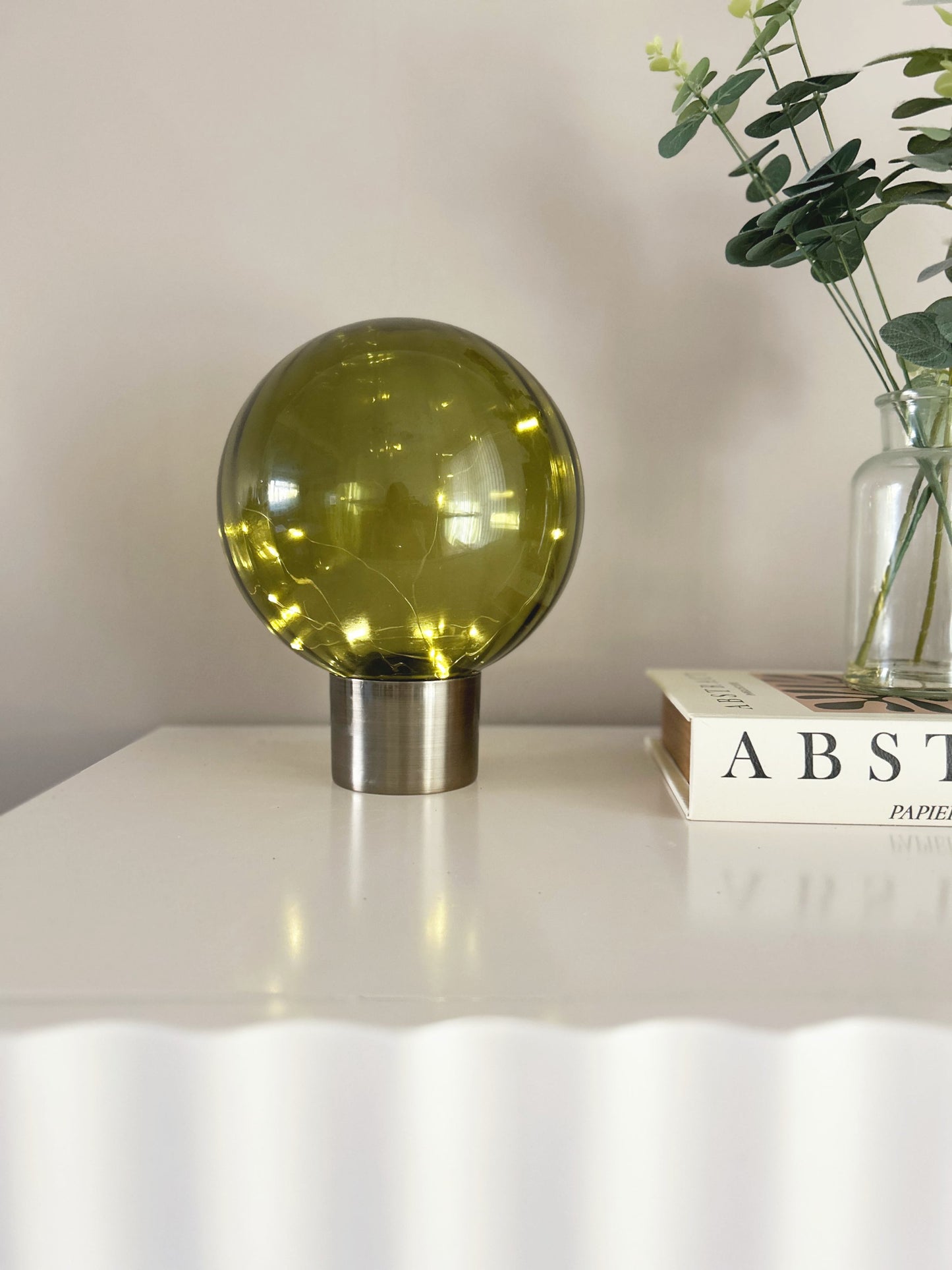 24cm olive green LED Ball table lamp with led light string on a brushed brass metal base | Mellowdays Furniture