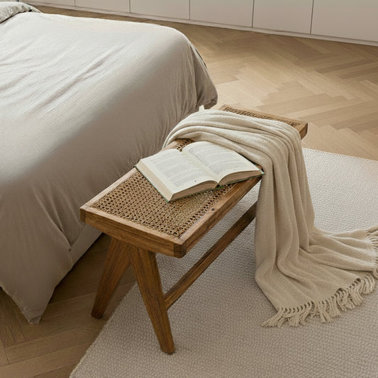 Matis Mindi Wood and Rattan Bench - Natural Pala - end of bed bench -  Mellowdays Furniture