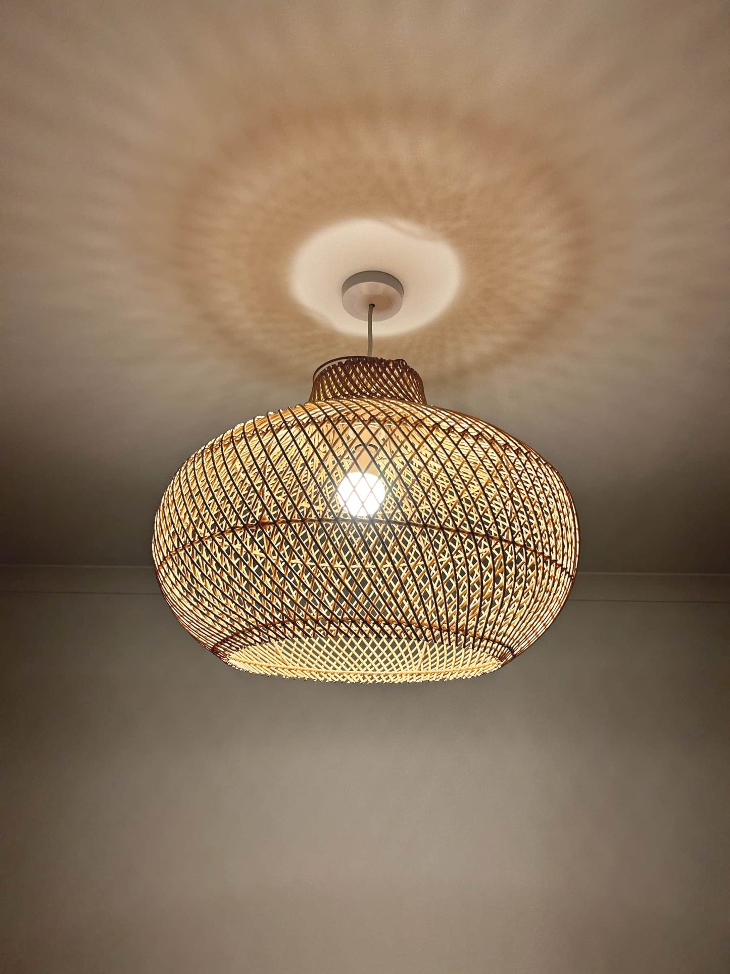 Midomo Rattan Hanging Lamp Shade with light on | Mellowdays Furniture