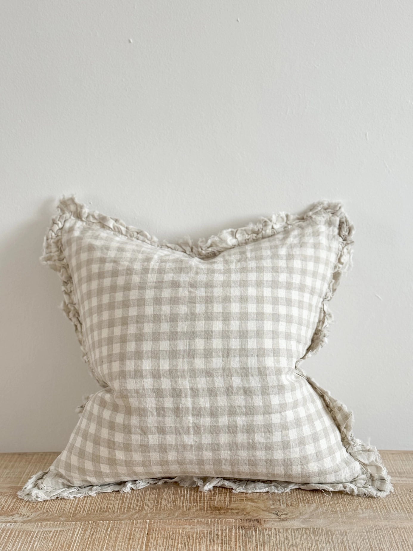 Natural Beige Gingham Linen Cushion Cover with Ruffled Edge | Mellowdays Furniture
