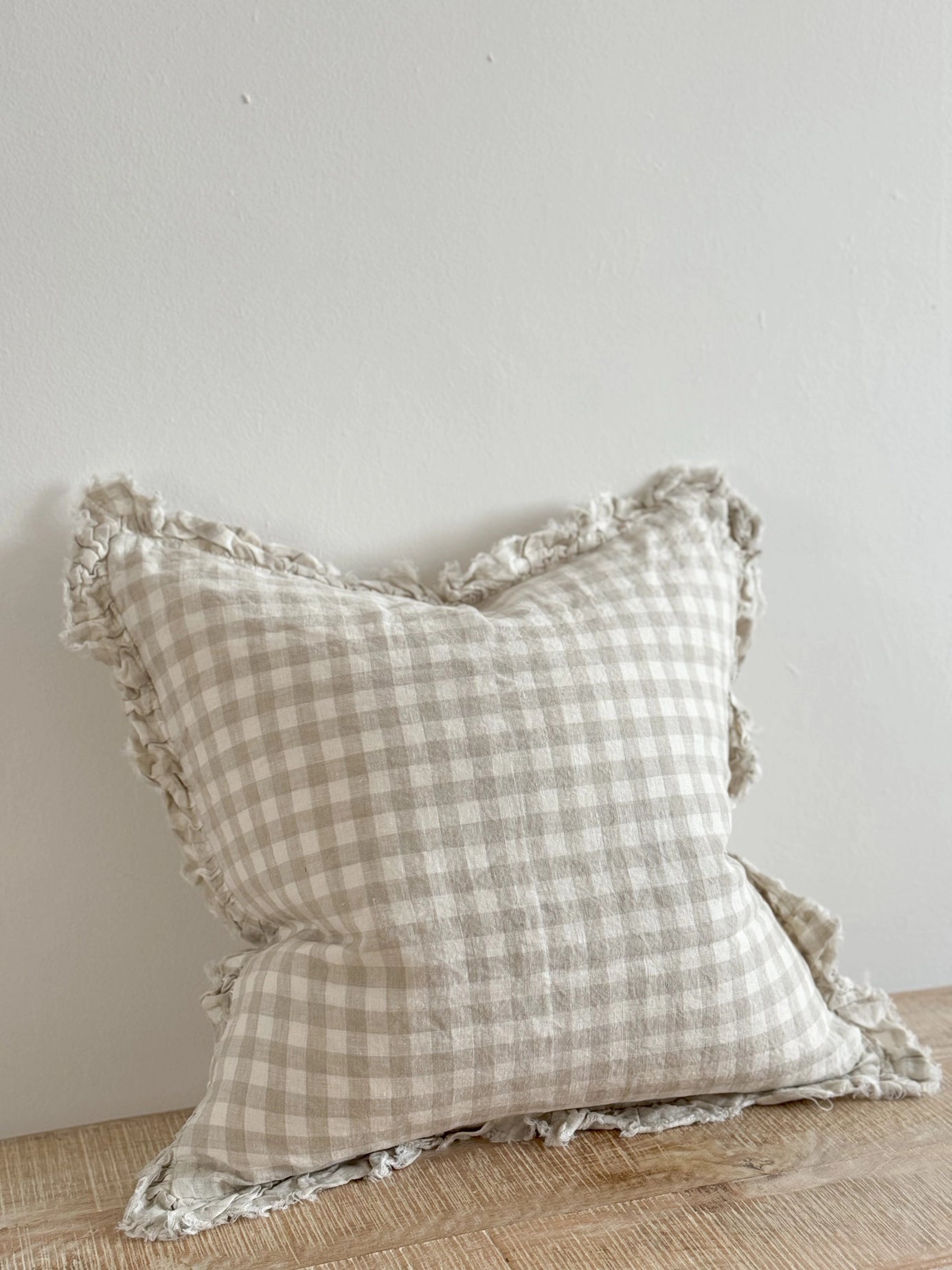 Natural Beige Gingham Linen Cushion Cover with Ruffled Edge | Mellowdays Furniture