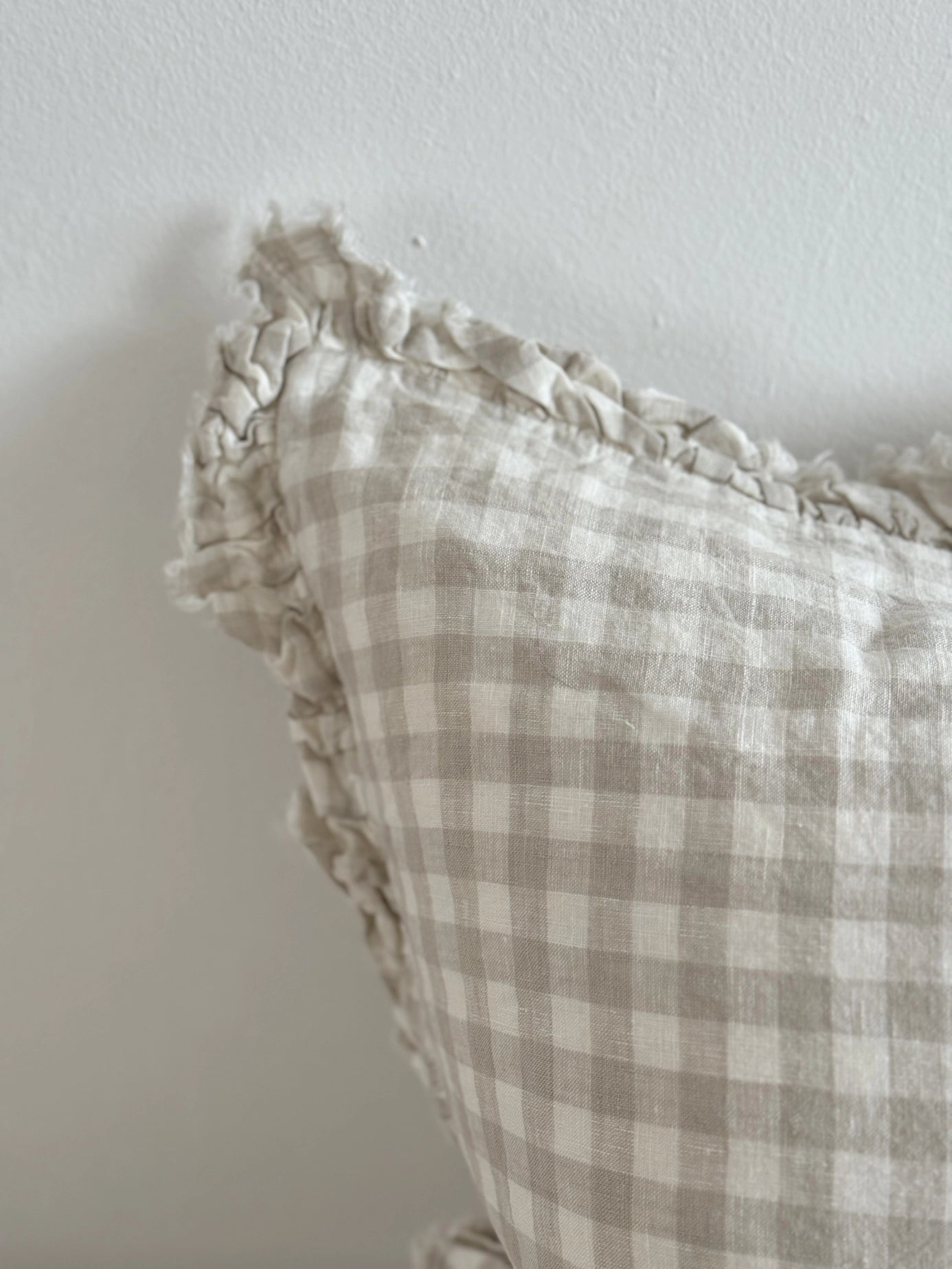 Natural Beige Gingham Linen Cushion Cover with Ruffled Edge | Mellowdays Furniture