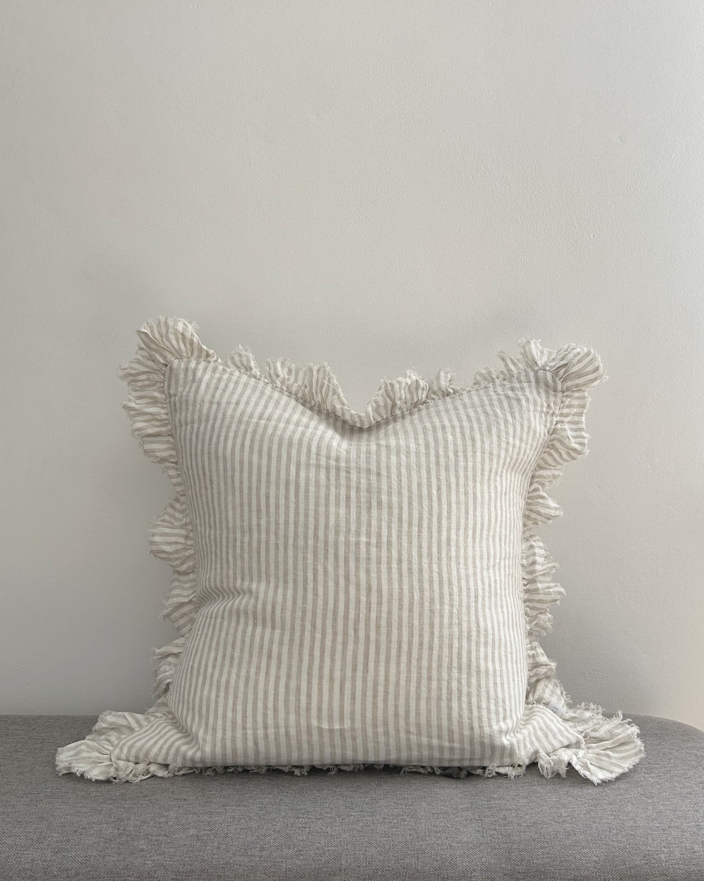 Natural Beige Striped Linen Cushion Cover with Ruffled Edge 45x45cm front view | Mellowdays Furniture