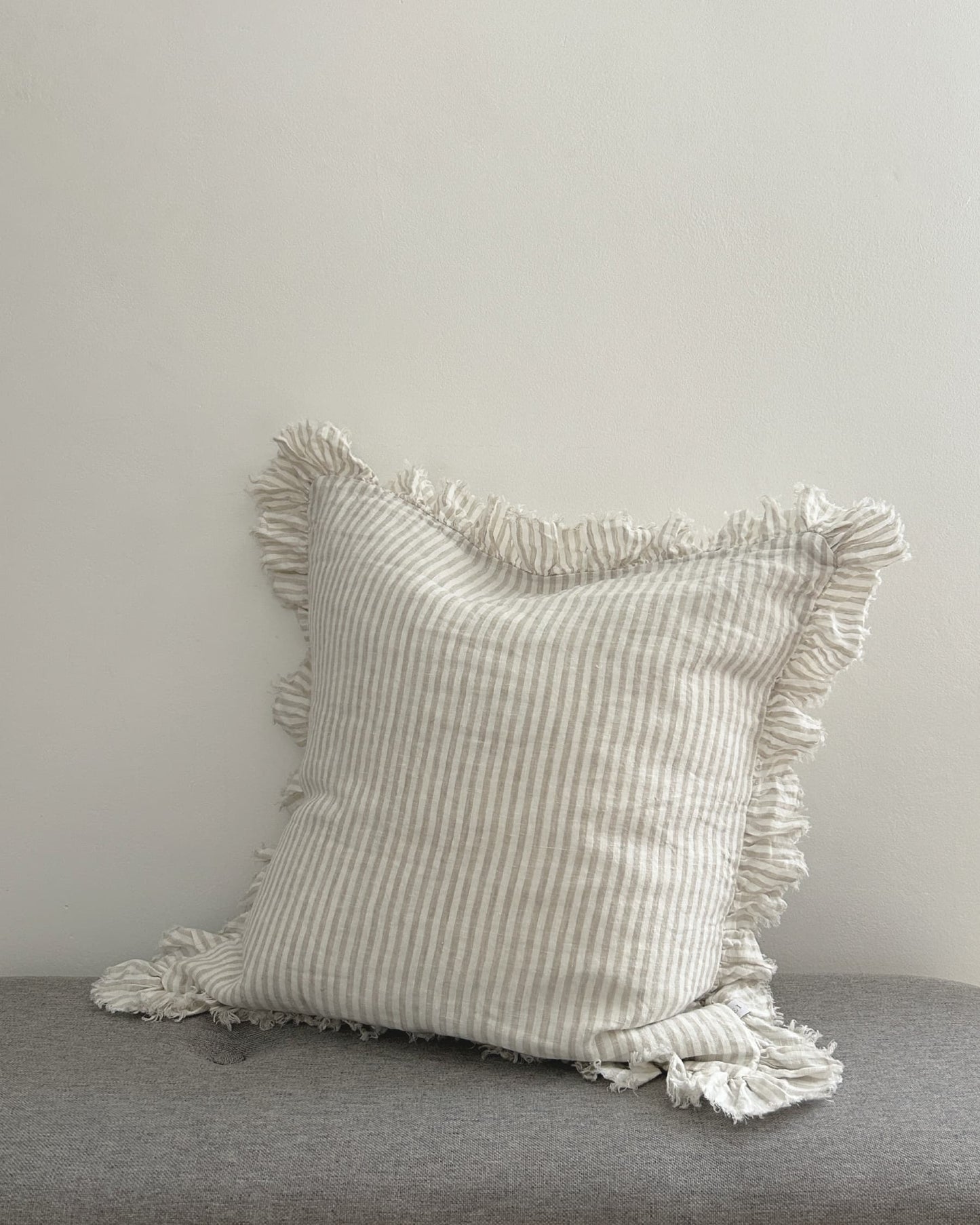 Natural Beige Striped Linen Cushion Cover with Ruffled Edge 45x45cm side view | Mellowdays Furniture